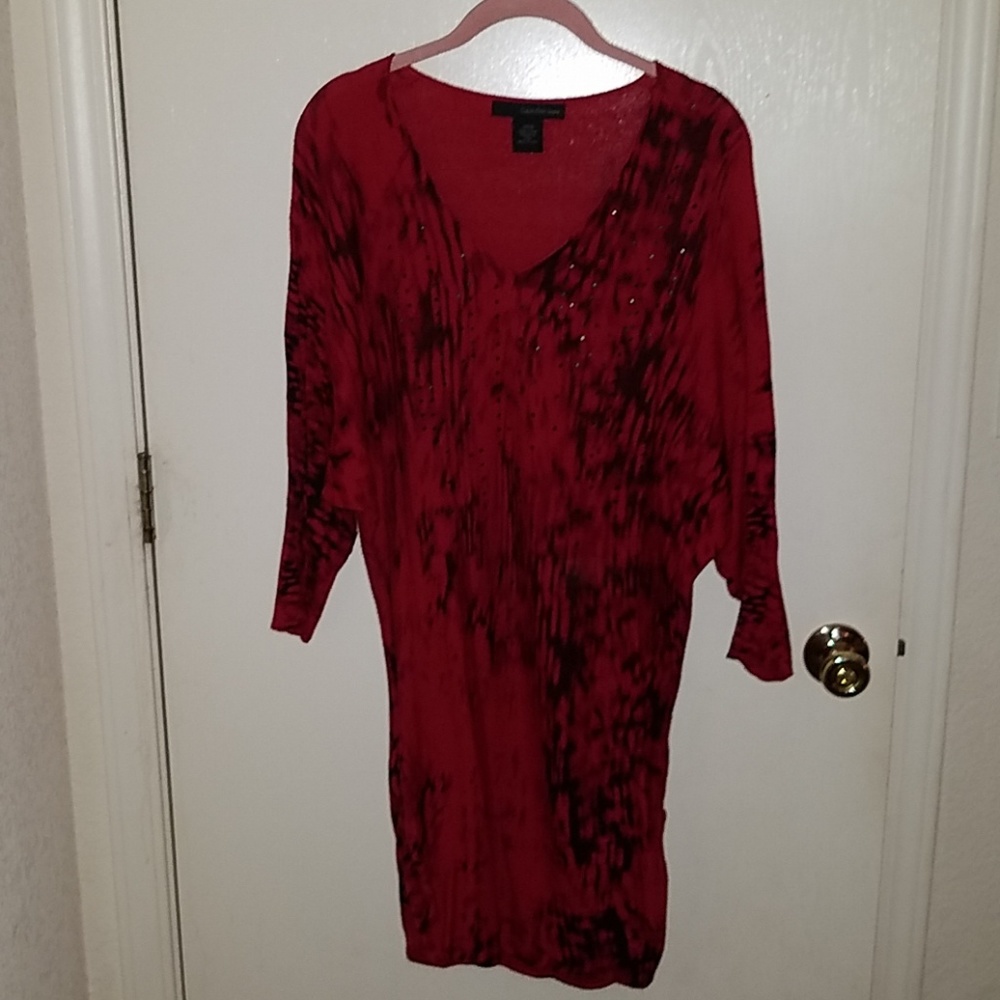 Calvin Klein Red Fire Print Gems Sweater Dress